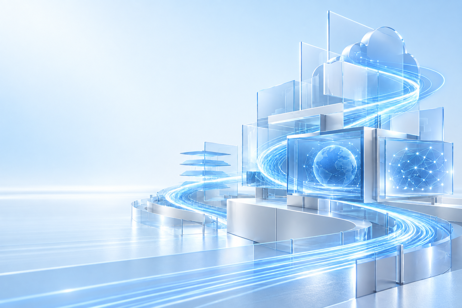 Bright glass technology structures connected by light-blue data paths
